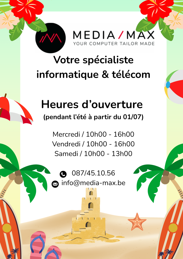 Voici notre horaire d'été

Mercredi 10h-16h
Vendredi 10h-16h
Samedi 10h-13h

Rendez-vous possible par mail info@media-max.be
