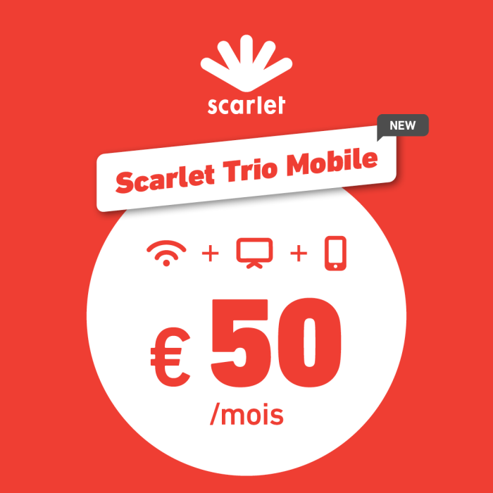Un abonnement internet, la télévision digitale et un abonnement GSM ? C’est notre nouveau pack Scarlet Trio Mobile ! Avec ce pack, vous optez pour ce dont vous avez réellement besoin, ni plus, ni moins, en profitant de la qualité réseau Proximus.

Abonnement GSM : 300 minutes + SMS illimités + 3 Go