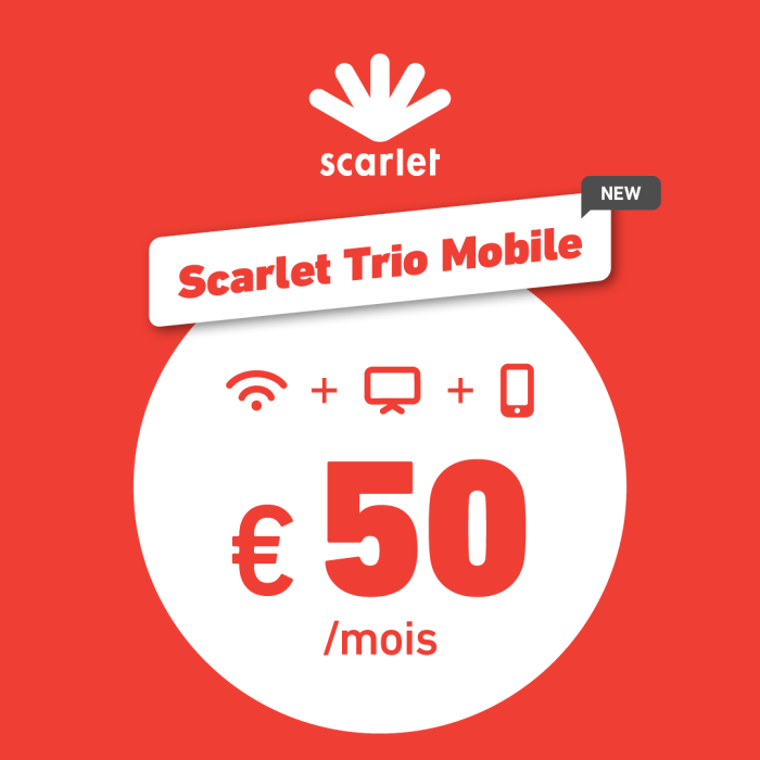 Un abonnement internet, la télévision digitale et un abonnement GSM ? C’est notre nouveau pack Scarlet Trio Mobile ! Avec ce pack, vous optez pour ce dont vous avez réellement besoin, ni plus, ni moins, en profitant de la qualité réseau Proximus.
Abonnement GSM : 300 minutes + SMS illimités + 3 Go
