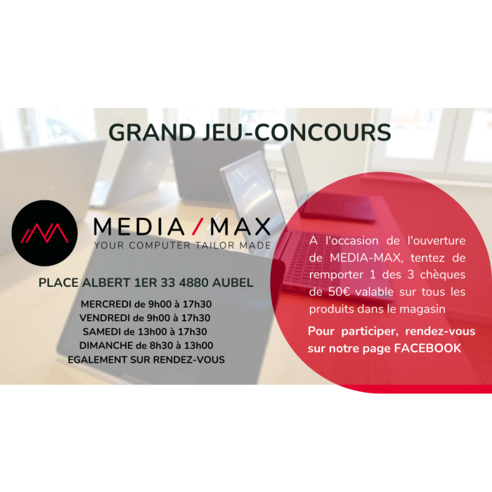 A l’occasion de l'ouverture de Media-Max, tentez de gagnez 3 bons d'achat d'une valeur de 50€ à valoir sur l'ensemble du matériel dans le magasin ‼️
PC, tablettes, imprimantes, accessoires,...
Pour participer au concours :
✔️aimer la la page Facebook Media-Max
✔️partager le concours
✔️aimer la publication
✔️taguer 3 amis
Tirage au sort le dimanche 28 novembre.
