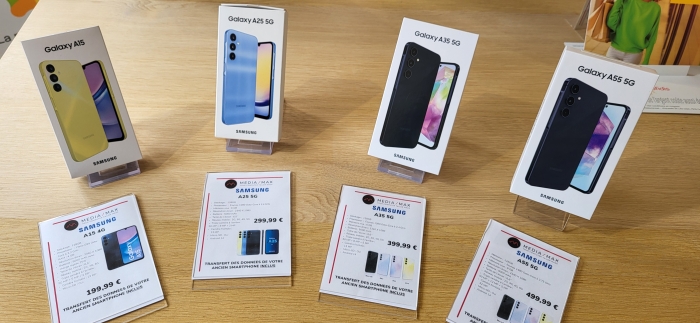 Découvrez les nouveaux Galaxy série A
A15
A25 5G
A35 5G
A55 5G
Des smartphones performants avec un bon rapport qualité/prix.