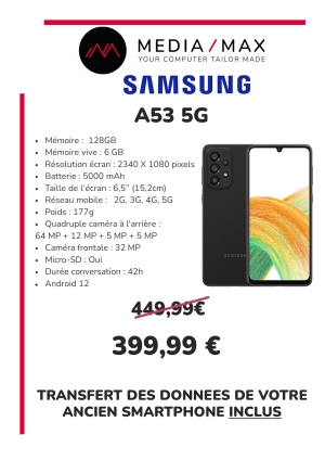 Jusqu'au 31/01, profitez de soldes sur le Samsung A33 et A53. Le transfert de vos données de votre ancien smartphone est inclus.